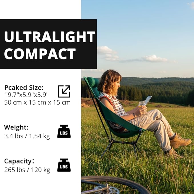 CAMEL CROWN High Back Camping Chair with Pillow Design Folding Compact Backpacking Chair Stable Portable Chair for Outdoor Camp Travel Beach Picnic Festival Hiking
