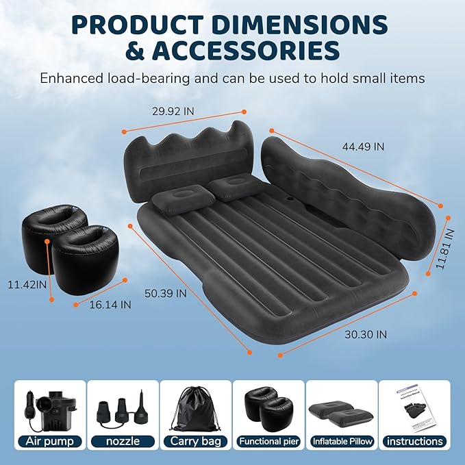 SUV Air Mattress Inflatable Travel Bed: Foldable - Portable Car Inflatable Bed Camping &amp Road Trips - Thickened Car Air Mattress for Back Seat with Carry Bag &amp Cup Holder &amp 2 Pillows