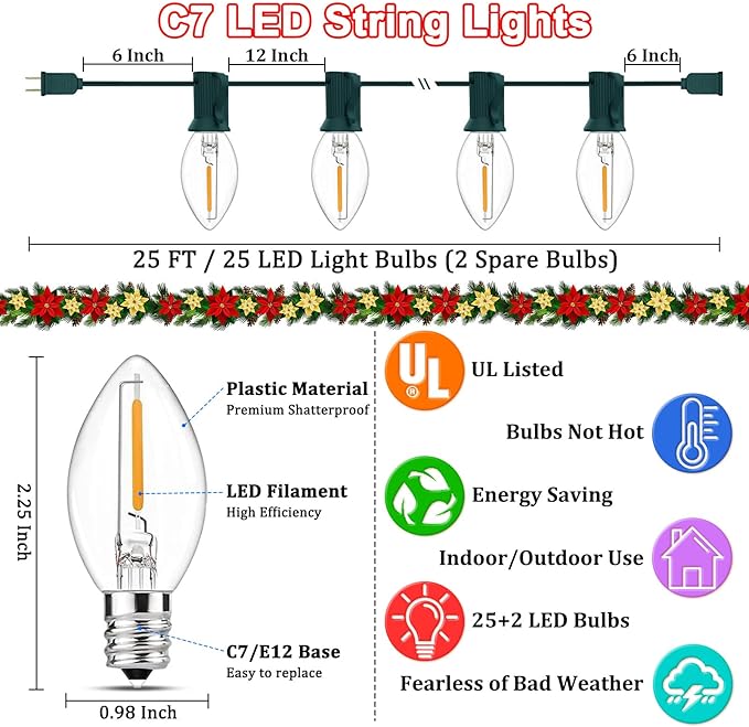 C7 LED Christmas String Lights 25FT Vintage String Lights with 27 Clear LED Bulbs(2 Spare) Hanging Outdoor Lights for Christmas Party Backyard Wedding - Green Wire
