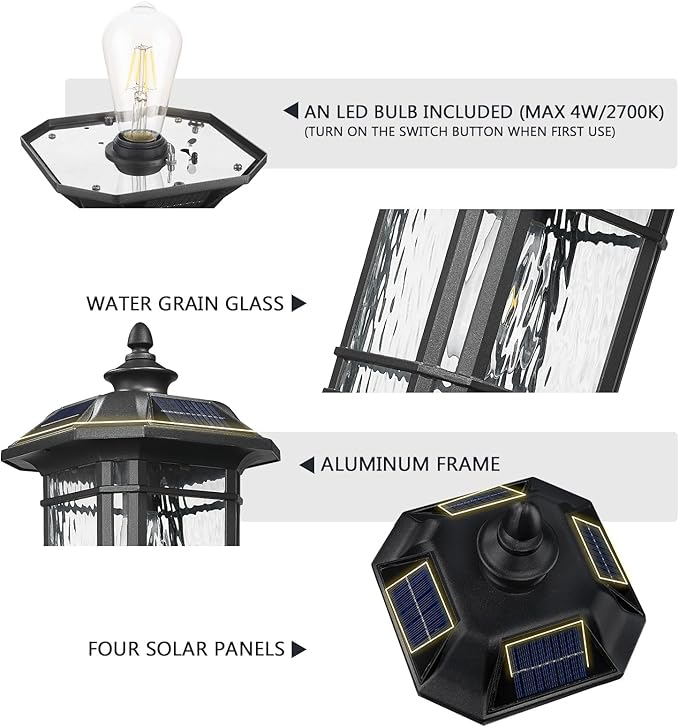 Emliviar 20.5 Solar Post Light Outdoor Large Black Solar Column Light Head with Remote Control LED Exterior Fence Lamp with Water Grain Glass 22021MP-SL BK