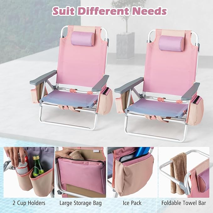 Goplus Beach Chair Folding Backpack Beach Chairs for Adults with 5 Positions Head Pillow Cooler Bag Towel Bar Cup Holders Sunbath Sling Tanning Lounge Foldable Layout Camping Chairs