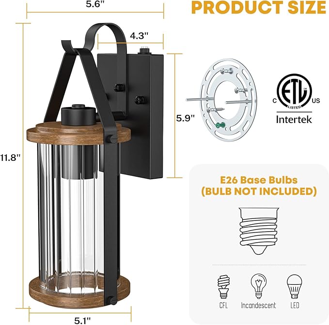 Dusk to Dawn Outdoor Light Front Porch Light Waterproof Exterior Lighting Fixtures Wood Effect Glass Modern Outside Light for House Patio Yard Garage Black 1 Pack
