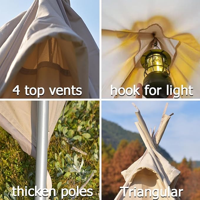 Canvas Tent Teepee Tent for Adults 210G Cotton with Double Door 3 Seasons 2-3 Person for Family Outdoor Camping Parties Glamping