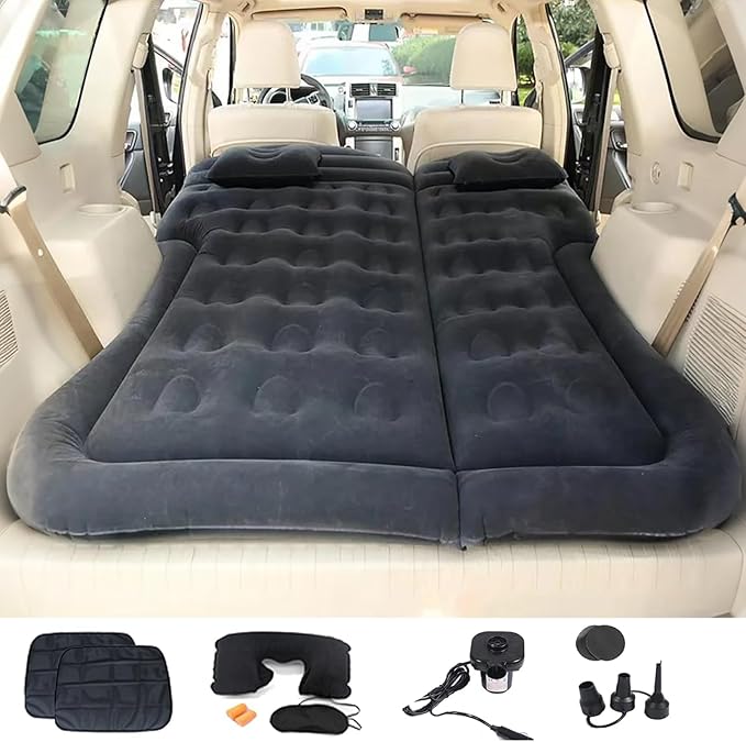 Inflatable SUV Air MattressThickened Flocking Car Travel Camping Bed with 2 Pillows &amp Air PumpPortable Car Sleeping Mattress for SUV Trunk and Rear