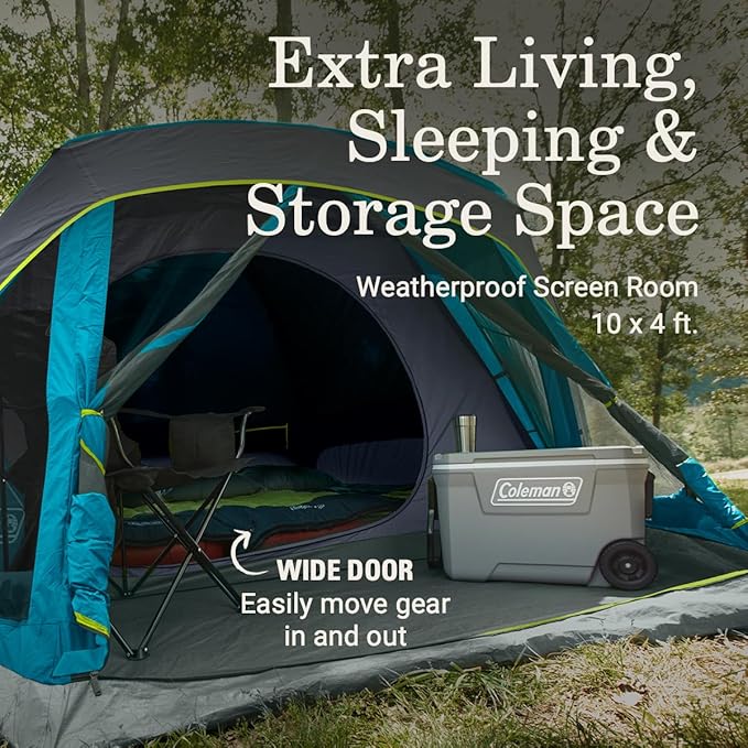 Coleman Skydome Dark Room Camping Tent with Screen Porch &amp 5-Minute Setup Weatherproof 4/6 Person Tent Blocks 90% of Sunlight Rainfly &amp Carry Bag Included Made of PFAS-Free Materials