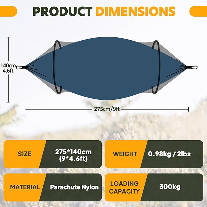 Chihee Ultra-Light Travel Camping Hammock Pop-up Net Hammock 660lbs Load CapacityBreathableQuick-Drying Parachute Nylon 2 Premium Carabiners2 Tree Slings Included for Outdoor Backpacking Hiking
