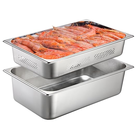 Tioncy 2 Pack Full Size Hotel Pans with Perforated Steam Pan Stainless Steel Steam Table Pan Multifunctional Food Chafing Supplies for Restaurant Kitchen(Full Size 4 Inches 6 Inches)