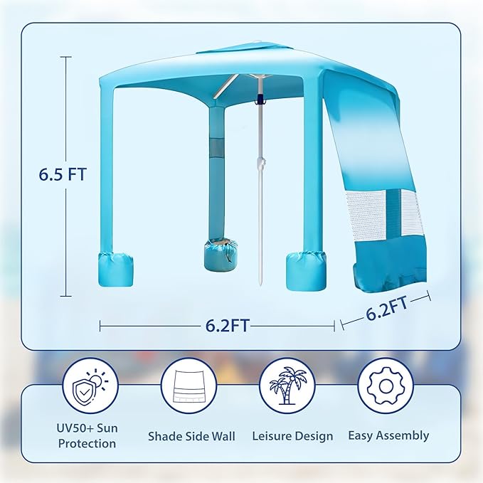 AMMSUN Beach Cabana 6.2'×6.2' Beach Canopy Easy Set up and Take Down Cabana Tent with Sand Pockets Instant Sun Shade with Side Wall Gradient Blue