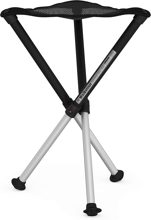 Walkstool - Comfort Model - Black and Silver - 3 Legged Folding Stool in Aluminium - Height 18 to 30 - Maximum Load 440 to 550 Lbs - Made in Sweden