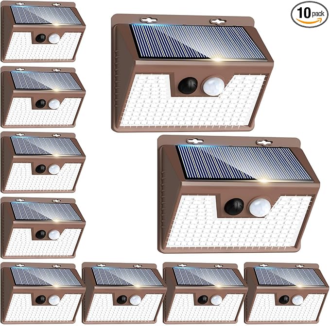 Peasur Solar Lights for Outside [10 Pack/140LED/Brown] Motion Sensor Outdoor Lights Ultra-Bright Solar Security Light 3 Working Modes Waterproof for Outside Garden Yard