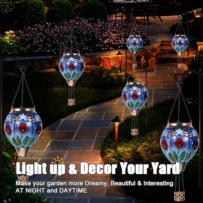 Hot Air Balloon Solar Lantern - Poppy Flower Patriotic Glass Lantern Simulated Flickering Dancing Flame Outdoor Hanging Yard Light Waterproof IP65 Ideal 4th of July Gift for Patriot Patio Decor