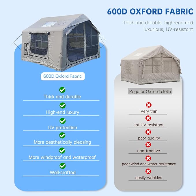 8㎡ Luxury Inflatable Camping Tent for 3-8 People UV-Resistant 4-Season Family Tent with Chimney Port &amp Skylight Oxford Fabric or Tech Cotton – White Tank Gray Aurora Green