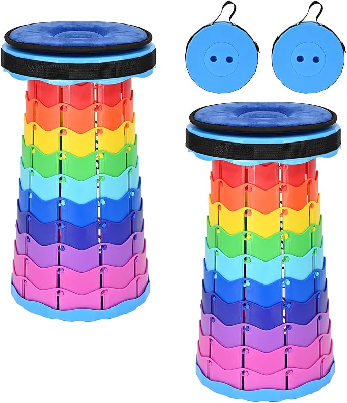 2 Pack Upgraded Collapsible Stool Folding Stool with CushionRetractable Folding Stool Max Load Capacity 400lbs Portable Telescoping Stools for Camping Hiking Outdoor BBQ Fishing-Rainbow