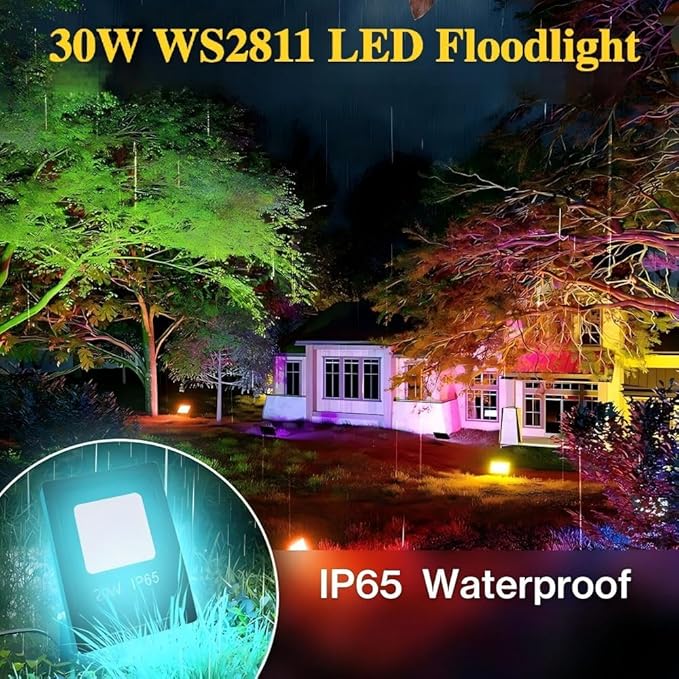 WS2811 Pixel Flood Lights RGB Outdoor Spotlight 30W Smart Flood Lights RGB addressable Pixel floodlight DC12-24V Input IP65X-Connect for Outdoor Decorative/Garden/Stage Lighting