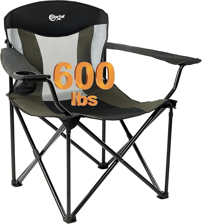 Portal Oversized Camping Chair Big and Tall Folding Camp Chair Portable Lawn Chairs Heavy Duty Foldable XXL Outdoor Camping Chair for Adults Support Up to 600 lbs Black/Grey