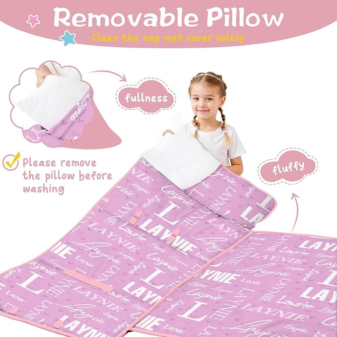 Personalized Name Toddler Nap Mat for Daycare Preschool Kindergarten Customized Kids Sleeping Bag with Pillow and Blanket for Girls Boys Custom Name Monogrammed Nap Mats for Toddlers