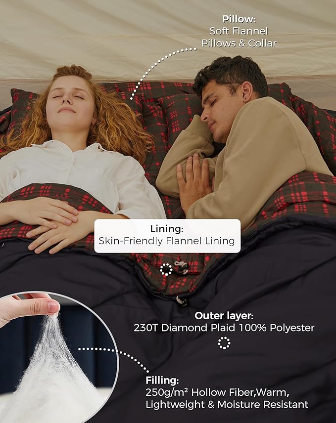 KingCamp Double Sleeping Bag for Adults Queen Size 2 Person XXL Flannel Sleeping Bag Waterproof Lightweight Flannel Quilt with 2 Pillows Perfect for Couples Family Camping Hiking