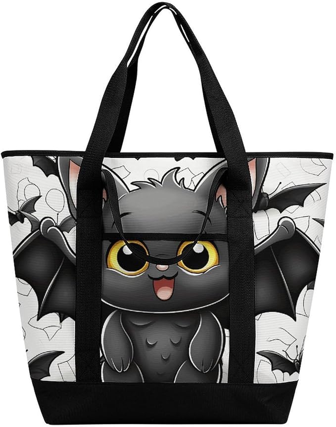 Insulated Shopping BagLarge Reusable Cooler Bags Cute Bat Printed Foldable Shopping BagTravel Waterproof Shoulder Bag