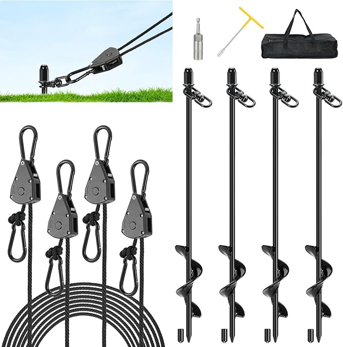 Tinnmao 4-Pack 17.7 Tent Stakes Heavy Duty with 8 Ratchet Tie Down Straps (1/8 φ) Kit for High Wind 8mm Solid Steel Spiral Ground Anchors Screw in for Tarp | Canopy | Sand Beach Camping Tent
