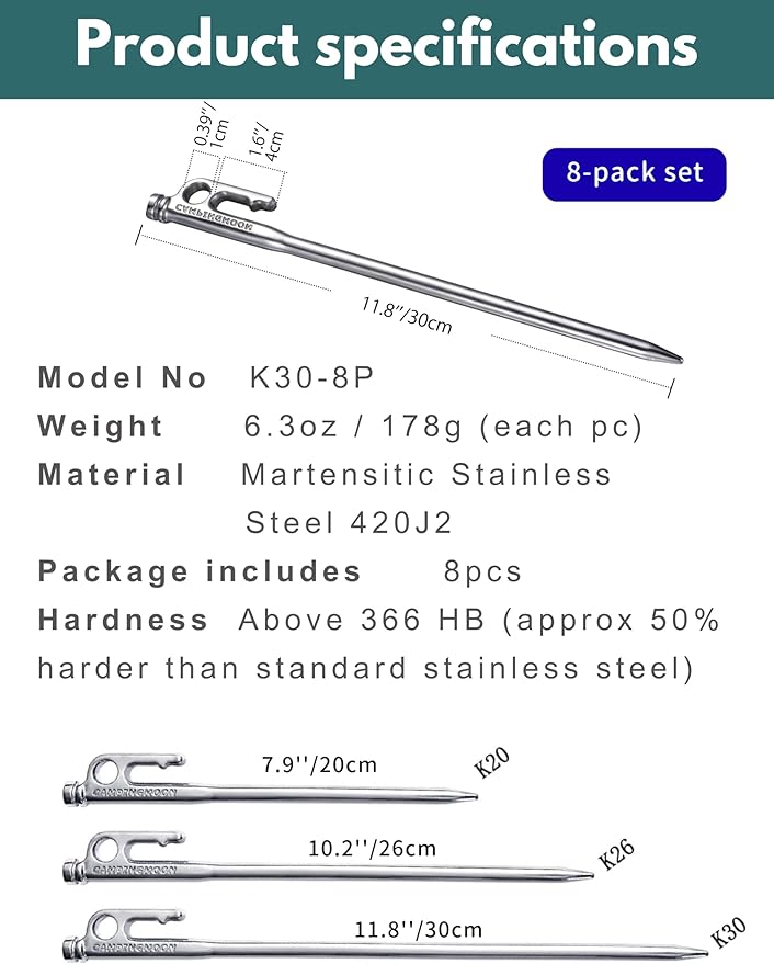 CAMPINGMOON 11.8-inch Forged Tent Pegs 8-Pack Stainless Steel 420J Heat Treated High Fatigue Strength HB366-388 Maruda Stakes K30-8P