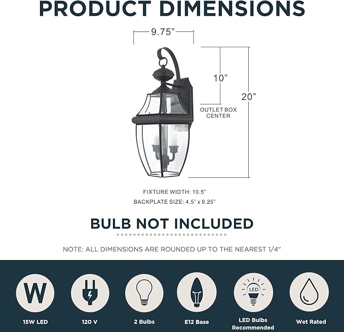 Quoizel Newbury 20 Outdoor Wall Lantern 2-Light Mystic Black with Clear Beveled Glass E12 Base French Country Style