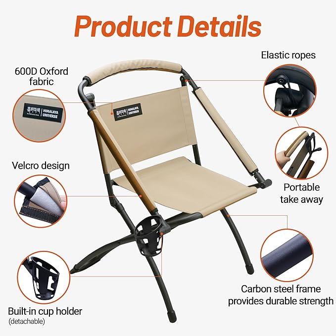 Folding Chair Double-Side Seat Camping Chair Usable On Both Sides One Chair Two Heights Carbon Steel Portable Foldable with Cup Holder for Camp Beach Picnic Patio Sports Brown Beige