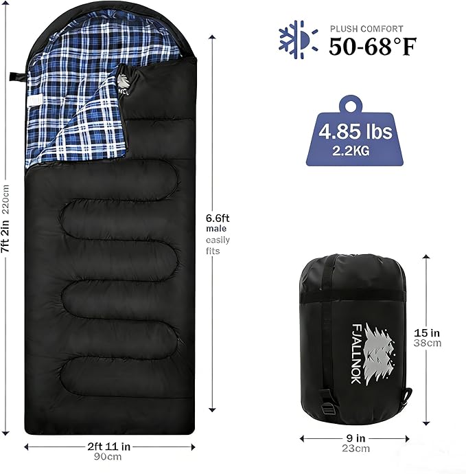 100% Cotton Flannel Sleeping Bag for Adults Big&ampTall Size Backpacking Lightweight Waterproof for Girls Boys Mens Teen for Camping Hiking Outdoor Travel with Compression Bags