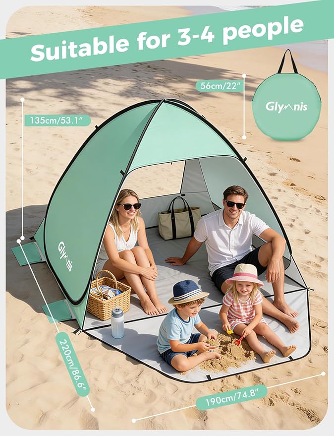 Glymnis Pop Up Beach Tent Beach Shade Tent for 1-4 Persons Sun Shelter UPF 50+ Enclose Zipper Door Portable Easy Up Beach Tent