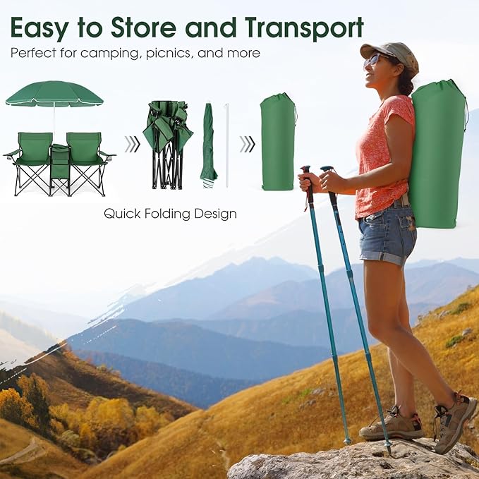MAT EXPERT Folding Double Camp Chair w/Removable Umbrella Portable Picnic Chair w/Mini Table Chair Set w/Beverage Holder Portable Loveseat Camp Chairs for Beach Backyard Poolside (Green)