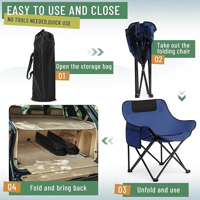2 Pack Compact Camping Chairs Portable Folding for Outside with Carry Bag Lightweight Moon Chairs for Travel Picnic Hiking Beach Fishing 600D Oxford Supports 330lbs(Blue)