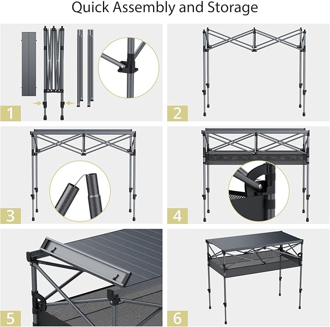 Anbte 34.2” Tall Camping Table Foldable 2 Adjustable Height Large Roll Up Camping Table Support 264lbs with Storage Basket and Bag Waterproof for Travel BBQ Outdoor Patio 39.4” x 19.7” Black