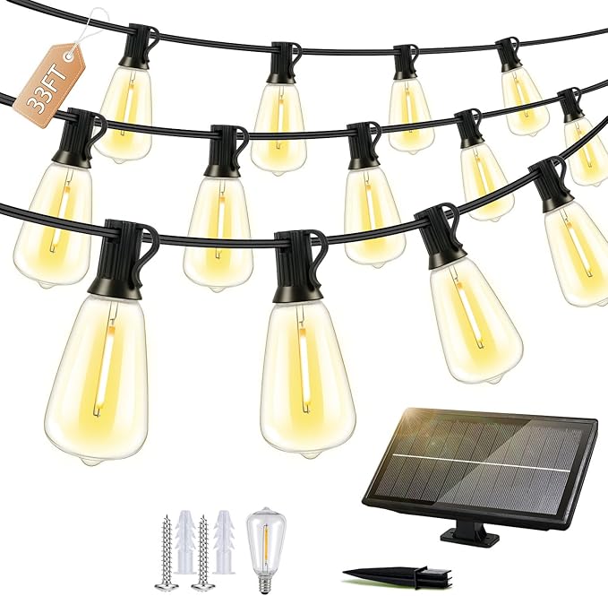 Outdoor Solar String Lights Waterproof: ST38 33ft Shatterproof Patio Lights - Solar Powered &amp USB Dual Charging - 3 Modes Button Control - Garden Backyard Gazebo Porch Party Decor
