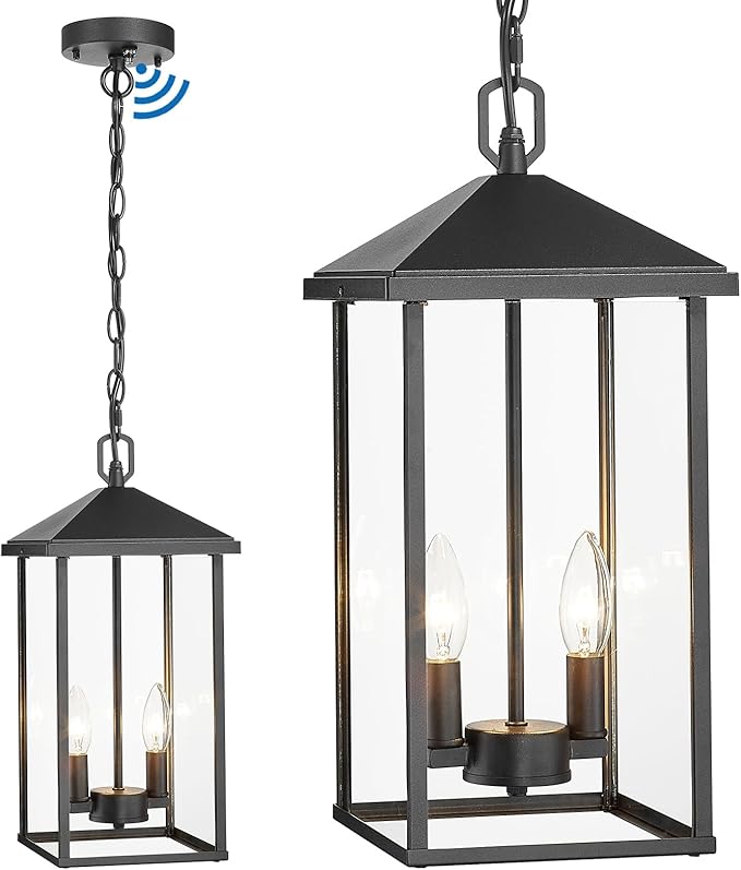 Large Outdoor Pendant Light Matte Black Hanging Light Fixture Ceiling Mount 2-Light Dusk to Dawn Modern Large Outdoor Chandelier with Clear Glass Exterior Pendant Lights for Porch Patio