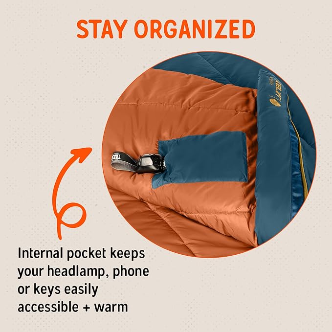 Kelty Solstice 20 Oversized Camping Sleeping Bag Spacious Rectangular Shape Zip Together for 2P Anti-Snag Zips Internal Pocket