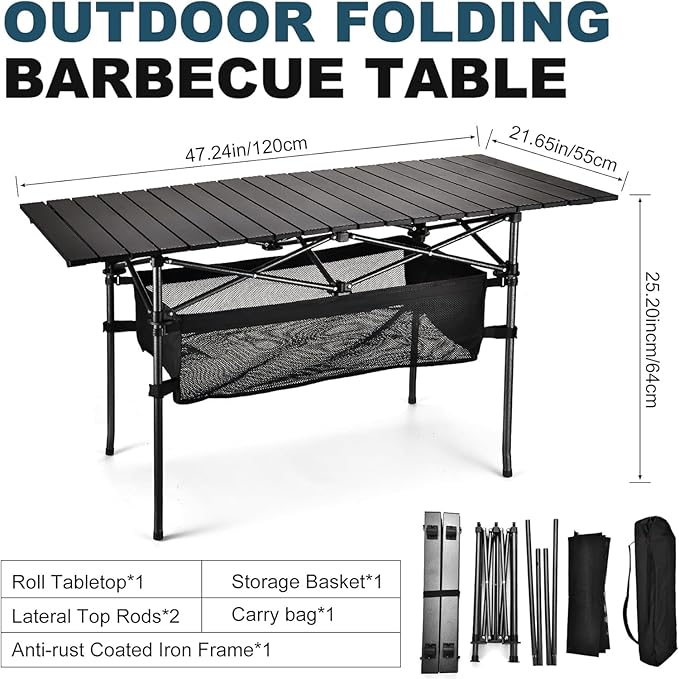 Lightweight Aluminum Folding Camping Table (47” x 21.65” x 26.7”) Portable Roll-Up Design for Outdoor Camping Beach BBQ Patio and Picnic Durable &amp Waterproof with Carrying Bag