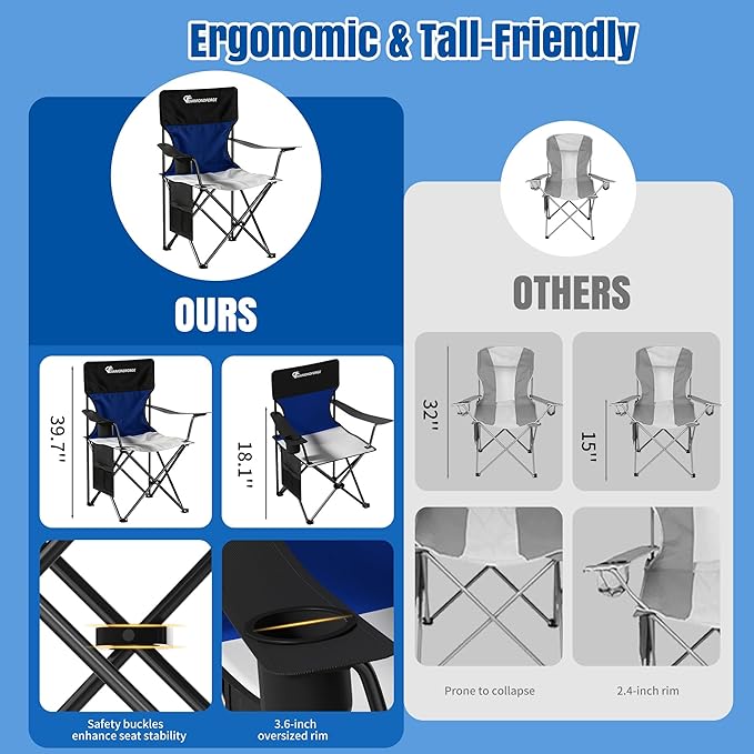 Oversized Folding Camping Chair 500lbs Bearing Capacity Portable Lawn Camping Chair for Adult Outdoor Camping Chair with Wider Cup Holder and Side Pocket for Hiking Fishing Sports