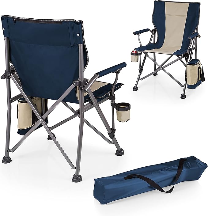 PICNIC TIME Outlander XL Heavy Duty Folding Camping Chair with Insulated Cooler Oversized Portable Lawn Beach &amp Camp Chair with Cup Holder Storage Pocket Carry Bag 400 lb Capacity (Navy Blue)