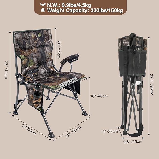 REDCAMP Oversized Hunting Chairs for Blinds with Thickened Cotton Portable Folding Camo Padded Camping Chairs for Adults Hunting Seats with Hard Arms for Outside Outdoor Camouflage