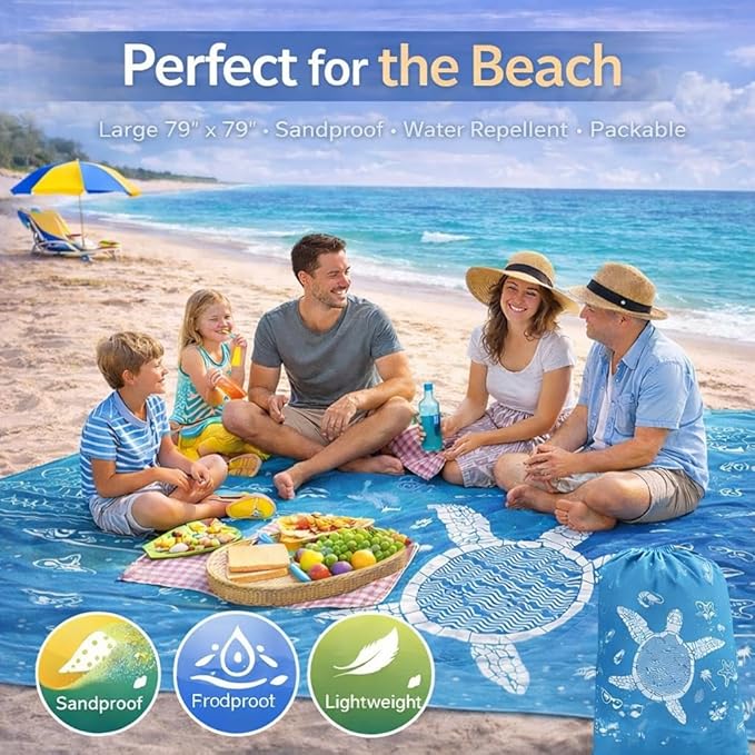 Beach Blanket Sandproof Waterproof 79 X 79 Oversized Outdoor Picnic Blanket Large Sand Free Beach Mat Lightweight Foldable Mat for Travel Camping Festival (Sea Translucent Turtle)