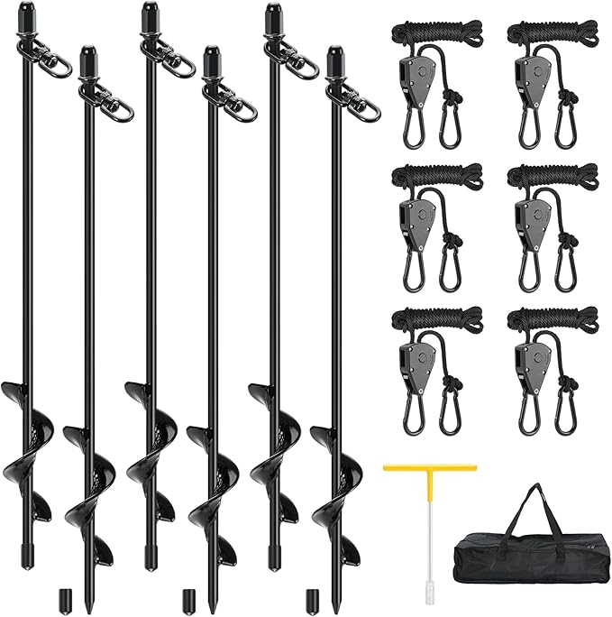 6 Pack Screw-in Tent Stakes 17.7 Heavy Duty Spiral Ground Anchors (8mm Solid Steel 1.5 Helix) w/ 6×8ft Ratchet Guy Lines M12 Wrench &amp Bag for Camping Tents Canopies Tarps Beach Sand