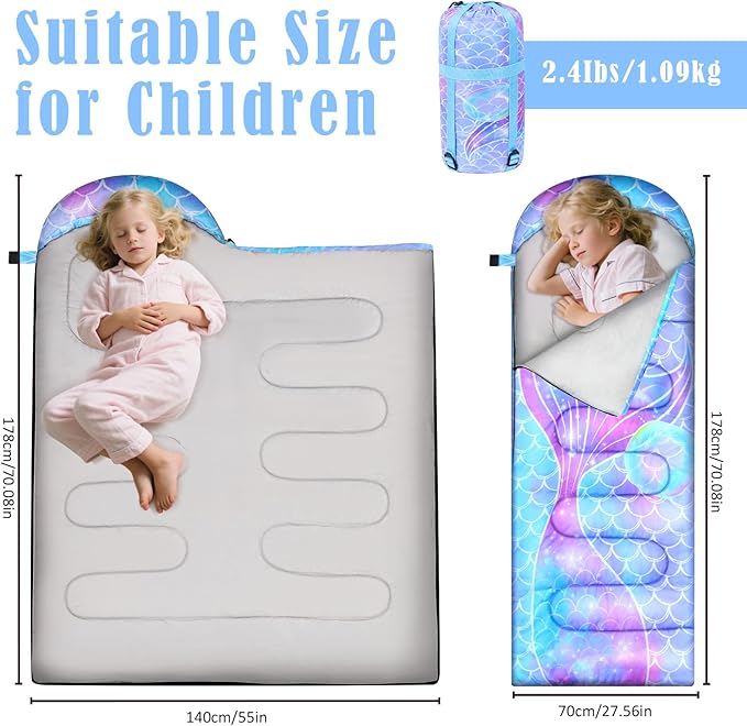 Sleeping Bag for Kids Girls Boys 3 Season Warm Lightweight Kids Sleeping Bag Waterproof Portable for Camping Outdoors Travel