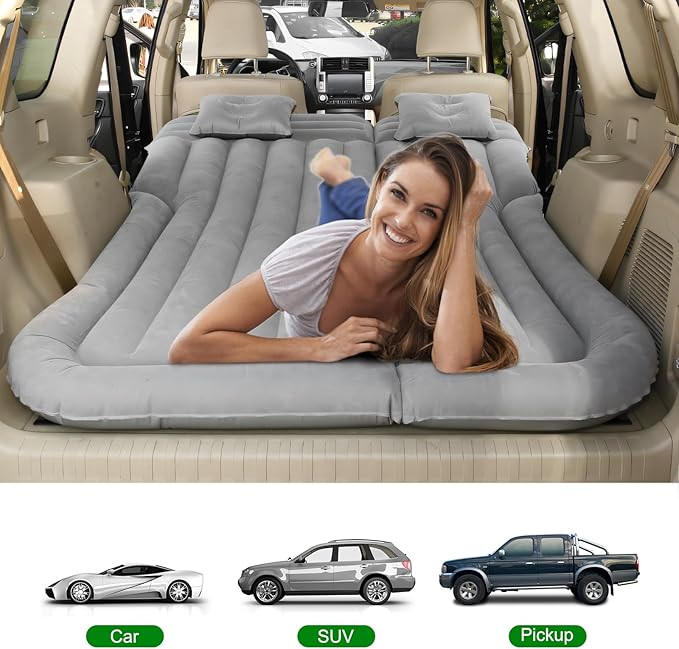Suv Air Mattress Car Mattress Truck Bed Mattress Car Camping Mattress with 6 Separate Chambers Inflatable Car Bed with 2 Pillows &amp Electric Pump Thickened and Double-Sided Flocking (Grey)