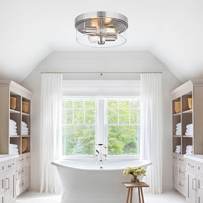 Flush Mount Ceiling Light Fixtures 2-Light 12 Inch Brushed Nickel Close to Ceiling Light Fixtures with Seeded Glass Shade Ceiling Light Fixture for Porch Hallway Bathroom Dining Room and Foyer