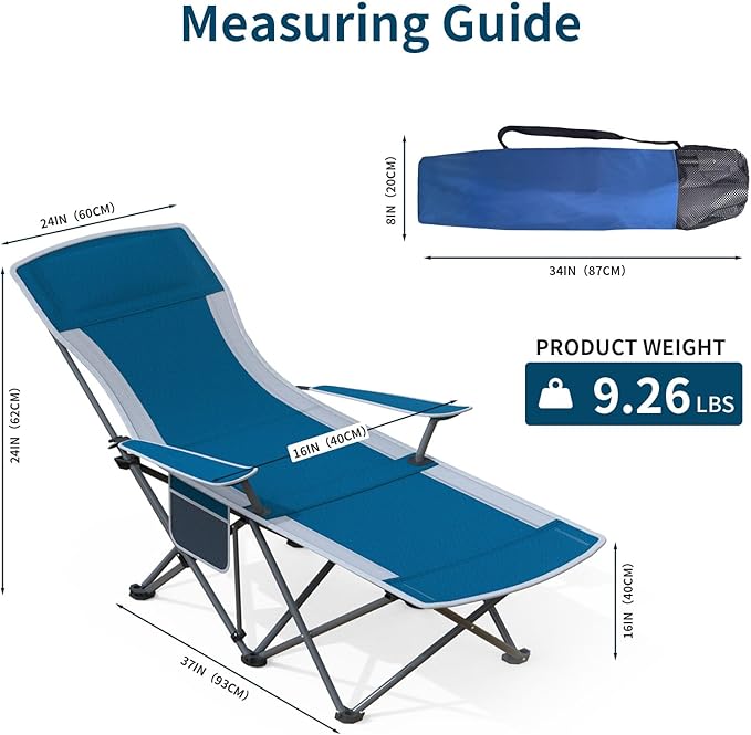 Folding Beach Chair Recliner for Adults - Heavy Duty 300lbs Camping Chair with Adjustable Backrest &amp Footrest Portable Outdoor Lounge Chair for Backyard Fishing Travel