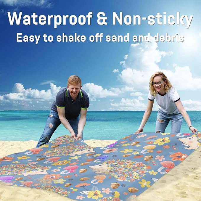 Hedgehog Mushroom Lightweight Beach Blanket Waterproof Sandproof 59X68 Sand Free Beach Mat with 4 Stakes Compact Outdoor Blanket for Beach Quick Drying Picnic Mat for Travel Camping