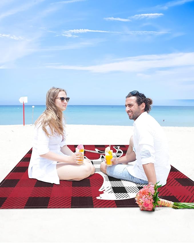 Beach Blanket Waterproof Sandproof Christmas Black White Tartan Deer Quick Drying Beach Mat with 4 Stakes Chic Buffalo Gingham Lightweight Picnic Blanket for Travel Camping Outdoor 95x80