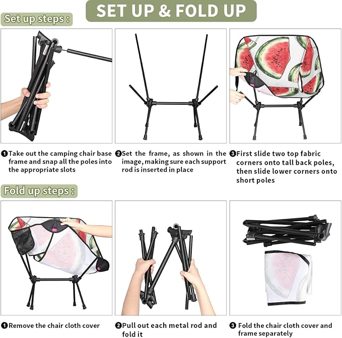 Honeybaby Folding Camping Chair Watercolor Watermelon Slices Camping Chairs Lightweight Portable Chair Outdoor Foldable Chairs for Camping Travel Picnic Beach Hiking