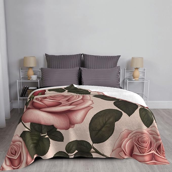 Pink Roses 60x50 Printed Soft Fleece Blanket for Sofa Bed and Camping - Cozy Blanket for Travel Picnics Nighttime Use