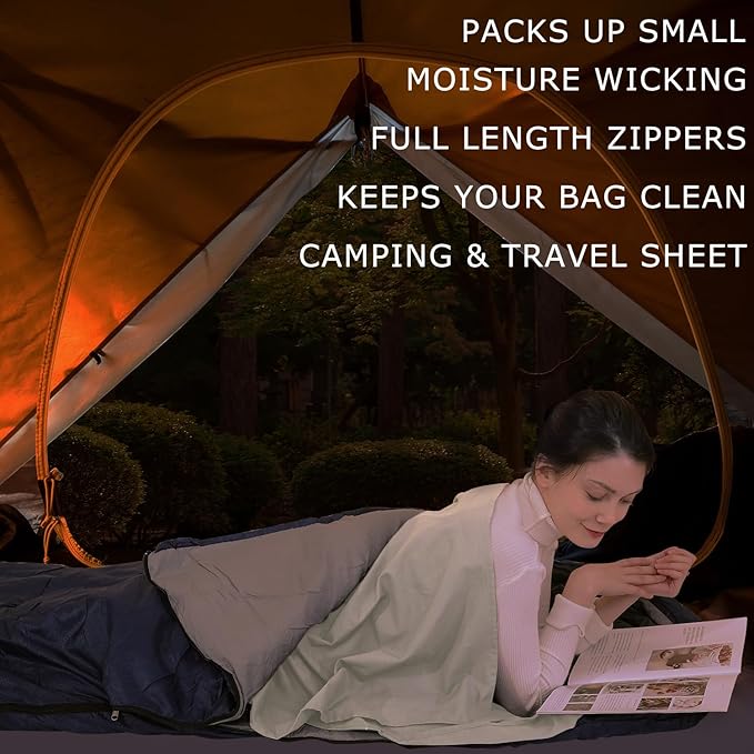 100% Cotton Sleeping Bag Liner with Full Length Zipper on 3 Sides Single/Double Adult Sleep Sack for Travel &amp Camping Multifunctional Travel Sheets (Unzipped 87”x87”) for Hotel Lightweight