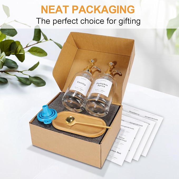 Coffee Syrup Dispenser for Coffee Bar 16.9oz 500ml Glass Syrup Dispenser w Golden Coffee Scoop Coffee Syrup Pump Dispenser w 36 Labels and Bamboo Tray Coffee Syrup Bottles with Golden Pump 2PCS